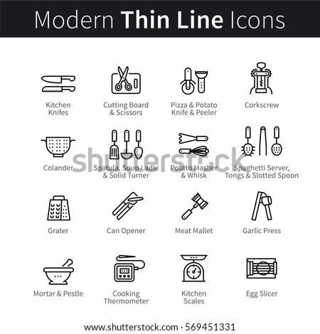 Set of kitchen cookware utensils. Equipment and kitchenware for cooking. Spatulas, knifes, openers & servers. Thin black line art icons. Linear style illustrations isolated on white.
