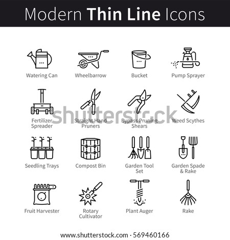 Set of gardening and plant growing tools. Instruments for working, harvesting and landscaping. thin black line art icons. Linear style illustrations isolated on white.
