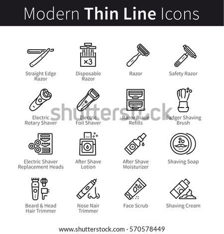 Man barber shop set. Tools, supplies and equipment for beard shaving and male haircut. Thin black line art icons. Linear style illustrations isolated on white.