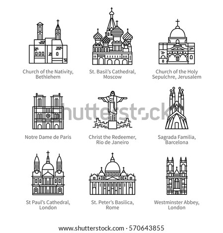 Famous Christian churches & cathedrals, Christ the Redeemer statue. City travel landmarks. Thin black line art icons with flat design elements. Modern linear style illustrations isolated on white.