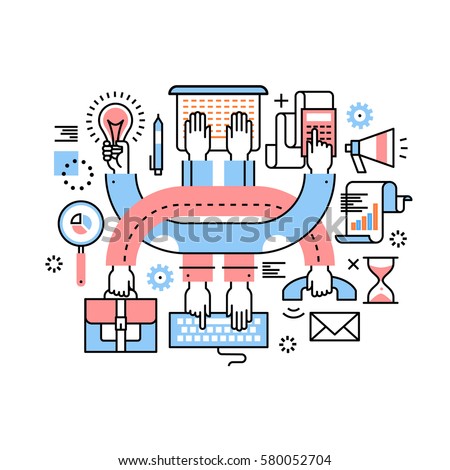 Entrepreneurs teamwork and multitasking hard work at research, sales, marketing, accounting, all at once. Modern thin line icons art work collage. Linear illustration isolated on white background.