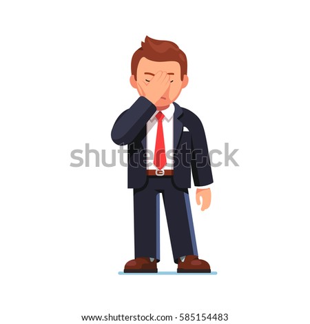 Disappointed and tired businessman covering his eyes with hand showing facepalm gesture. Office worker or manager feeling stress, shame & having a headache. Flat style modern vector illustration. 