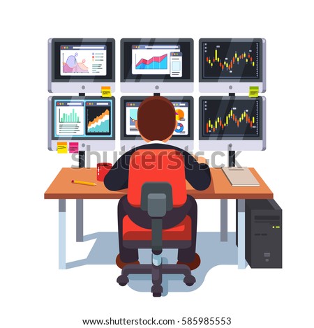 Stock market exchange trader working selling and buying equity sitting at desk with six displays monitoring financial indexes data online. Looking at charts. Flat style modern vector illustration.