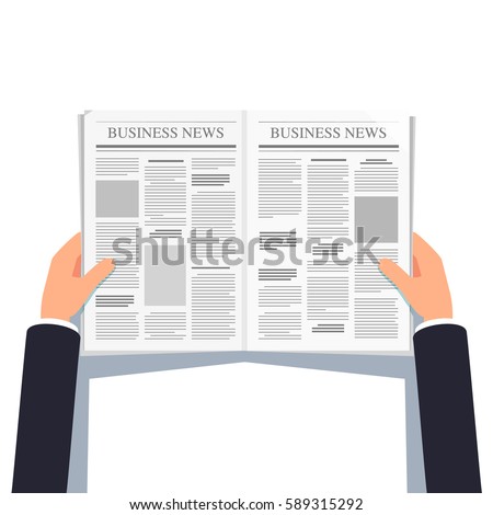 Opened newspaper in businessman hands. Daily business news gazette concept. Paper media tabloid concept. Flat style modern vector illustration isolated on white background.