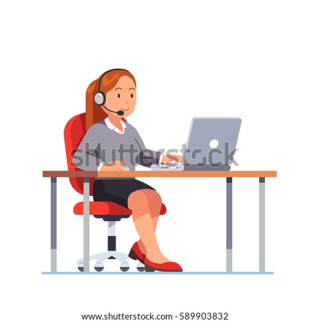 Operator of call center office working in headphones with mic sitting at her desk with laptop computer. Smiling customer service officer. Flat style vector illustration isolated on white background.