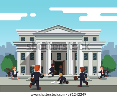 People man and woman running towards bank to take credit for small business or entrepreneurship. Front view of governmental building, financial institution or court. Flat style vector illustration.