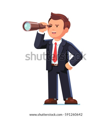 Concentrated businessman looking through the spyglass. Business vision & perspective planning concept. Flat style modern vector illustration isolated on white background.