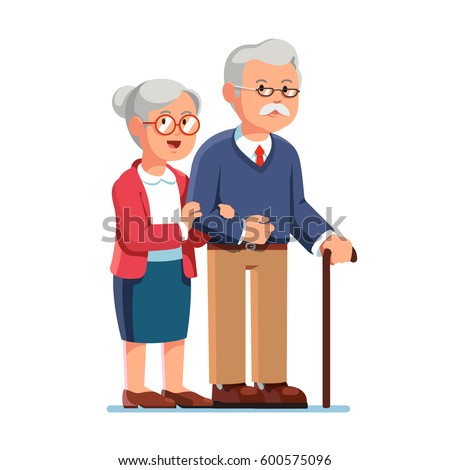 Old senior man and woman in glasses standing or walking together arm in arm. Aged grey haired couple. Flat style modern vector illustration isolated on white background.