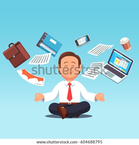 Business man sitting in padmasana lotus pose with flying around documents, phone, laptop flying around him. Office worker multitasking & meditating, relaxing doing yoga. Flat style vector illustration