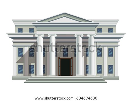 Front view of court house, bank, university or governmental institution. White brick public building with high columns and open doors. Flat style vector illustration isolated on white background.