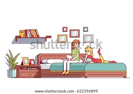 Two relaxed woman sitting, laying on bedroom double bed with tablet & book, reading, talking. Sisters sharing room living together. Flat style cartoon vector illustration isolated on white background.