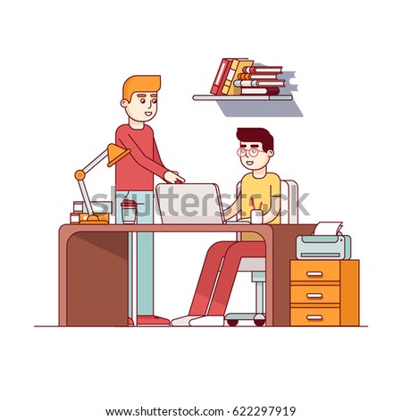 Two young man working on university homework project together in dorm room or office. Teen boy student sitting at desk with laptop computer. Flat style vector illustration isolated on white background