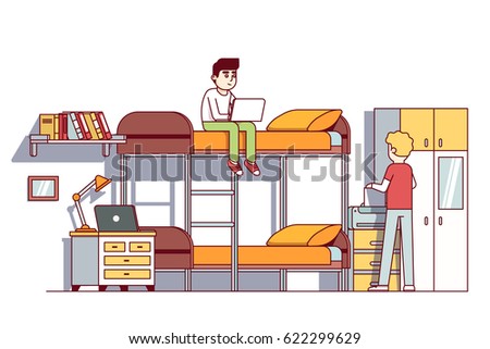University students living in dorm room. Doing homework or project together. Boy sitting on bunk bad with laptop. Printing document. Flat style cartoon vector illustration isolated on white background
