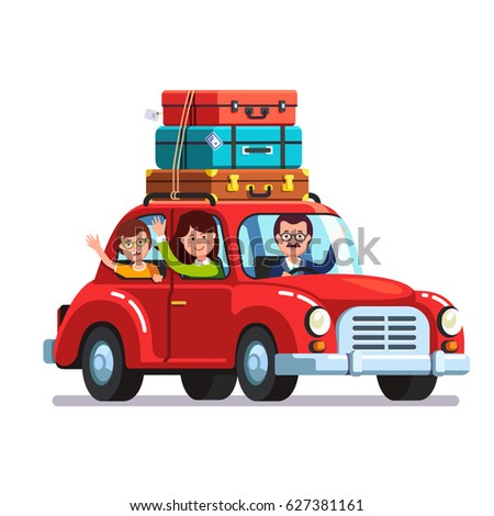 Happy family traveling by car with a luggage bags on the roof. Mother, father and son on vacation road trip together. Retro auto. Flat style vector illustration isolated on white background.