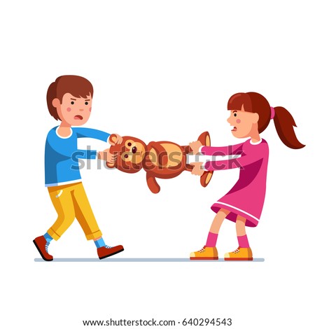 Kids girl and boy brother & sister fighting over a toy. Tearing teddy bear apart pulling it holding legs and head. Flat style character vector illustration isolated on white background.