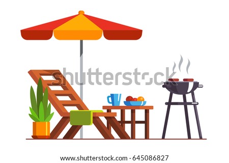 Modern backyard design exterior with lounger, table, sunshade umbrella and electric grill for barbecue. Cooking meat & grilling bbq outside. Flat style vector illustration isolated on white background