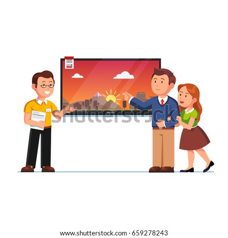 Seller or shop assistant showing big wall tv screen to customers man and woman. Family couple clients at electronics store. Retail business. Flat style vector illustration isolated on white background