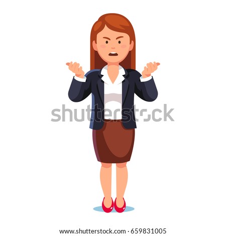 Confused & frowned business woman or boss standing shrugging shoulders complaining expressing anger and frustration yelling gesturing with her hands. Flat style vector illustration on white background