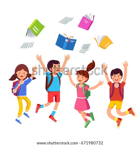 Happy children boys, girls throwing books up in air celebrating last school day. Student kids group with backpacks jumping raising hands above head. Flat vector illustration isolated on white.