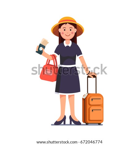 Tourist woman wearing summer dress, hat standing with luggage spinner valise. Traveling girl holding passport & tickets in right hand. Flat style vector illustration isolated on white background.