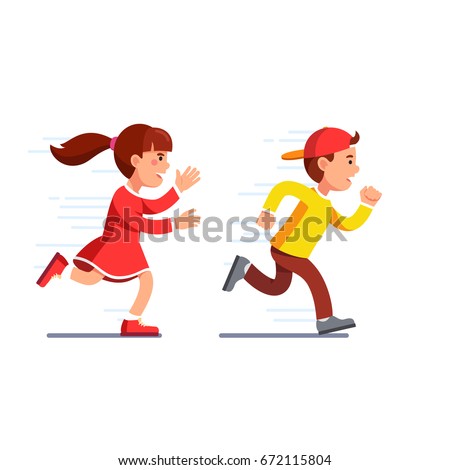 School students kids having fun playing catch-up and tag game. Preschool girl running fast & chasing boy in baseball cap. Flat style vector illustration isolated on white background.