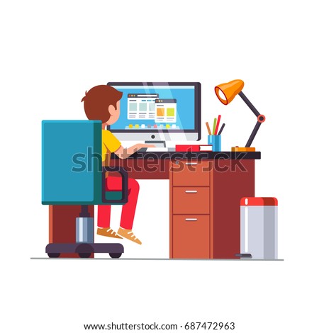 Student boy sitting at home office desk, doing school homework, surfing internet on desktop computer. Kids room with rolling chair, table, lamp & bin. Flat vector illustration isolated on white.