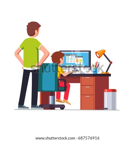 Father watching over shoulder son kid doing homework on desktop computer sitting at desk. Dad helping school boy. Flat style cartoon vector illustration isolated on white background.