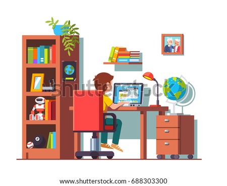 Student boy sitting at home office desk, doing school homework, surfing internet on laptop computer. Kids room interior with chair, table, bookcase, books & toys. Flat vector isolated illustration.