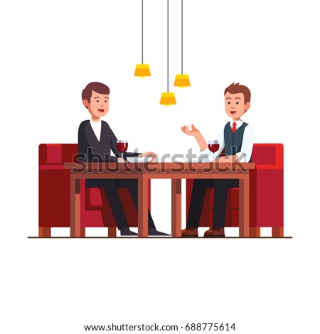 Two business man eating lunch at restaurant. Businessman talking with potential client at cafe discussing a deal. Rich friends relaxing and drinking wine. Flat cartoon vector isolated illustration.