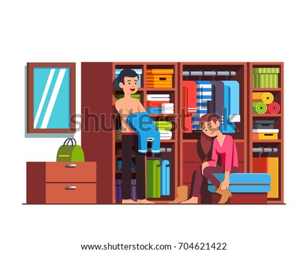 Family couple husband & wife getting dressed together at home wardrobe. Man putting on clothes, woman taking off boots. Dressing room with big full closet. Flat vector illustration isolated on white.