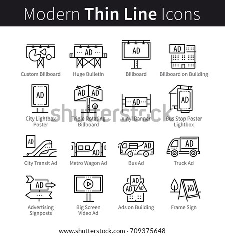 Advertising, commercial, promotion, marketing campaign signs. Outdoor media channels: billboard, poster, banner, signboard, public transport ads. Modern thin line art icons. Linear style illustrations