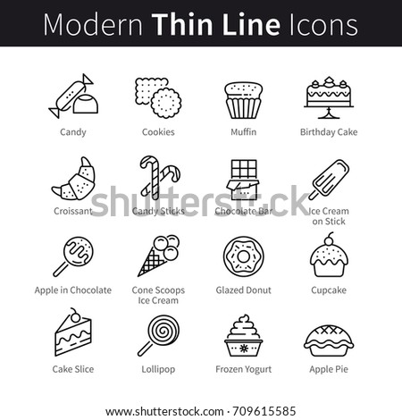 Bakery shop, cakery, cafe, coffehouse and confectionery pictogram. Sweets, baked good, dessert, pastry and candy. Modern thin line art icons. Linear style illustrations isolated on white background.