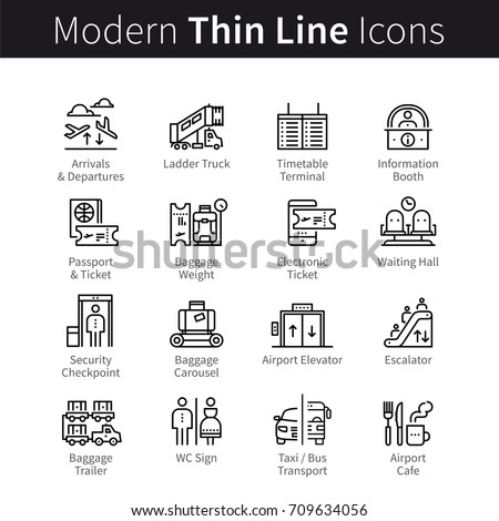 Airport terminal navigation pictogram set. Signage systems signs: plane, check-in, passenger service, baggage, air traveling. Modern thin line art icons. Linear style illustrations isolated on white.