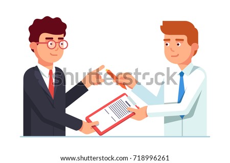 Salesman passing contract document with pen to his client business man for signature. Closing deal successfully. Flat style vector illustration isolated on white background.