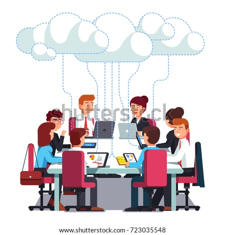 Business team working & talking together on IT startup business at big conference desk using wireless cloud computing service. Flat style vector illustration isolated on white background.
