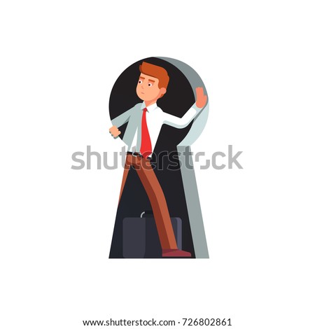 Business man looking out of giant keyhole with curiosity and amazement getting ready to come outside. Metaphor of key person, problem solution and secret discovery. Flat vector isolated illustration.