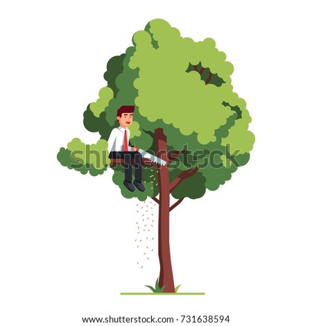 Business man sawing off the tree branch he is sitting on out of sheer stupidity. Flat style vector illustration isolated on white background.