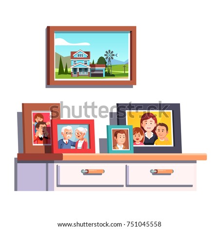 Big family relatives portrait photos frames standing on chest of drawers table top. Family house photo hanging in picture frame. Parents and kids relationship memento. Flat vector illustration.