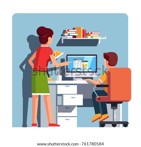 Mother watching over shoulder son kid doing homework on desktop computer sitting at office desk. Mother or tutor helping school student boy. Flat cartoon vector isolated illustration.