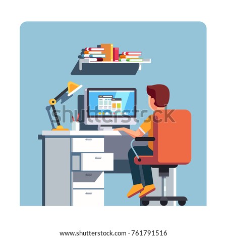 Student boy sitting at home office desk, doing school homework, surfing internet on desktop computer. Kids room with swiveling rolling chair, wooden table, lamp & bin. Flat style vector illustration.