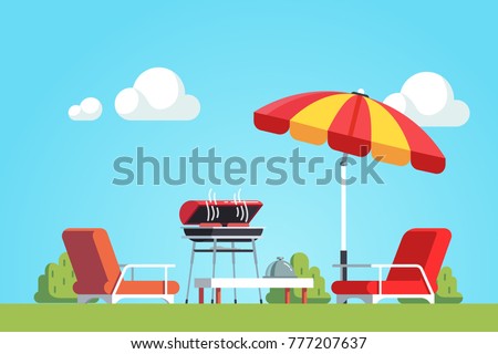 Barbecue grilling meat outdoors, lounger under parasol. Bbq cooking outside. Home backyard  barbecue party. Flat cartoon vector illustration.