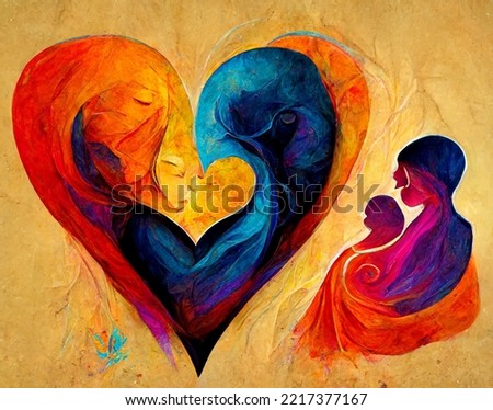 Abstract Art Painting of Mother and Child Love Appear in Colorful Love and Heart Background