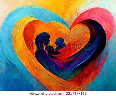 Abstract Art Painting of Mother and Child Love Appear in Colorful Love and Heart Background