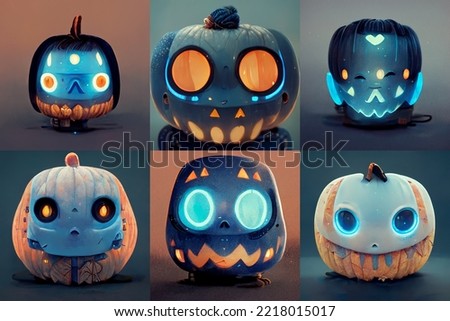 Set of Cute Cyborg Halloween Pumpkin Head, Cute Halloween Pumpkin Robot Face Set. Technology Concept 3d Illustration Foto stock © 
