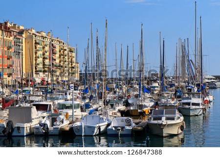 NICE, FRANCE - MAY 24: Boats parked in the port on May 24, 2012 in Nice. As the point of continental France nearest to Corsica, Port of Nice has also ferry connections with the island.