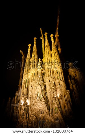 BARCELONA - MARCH 2: Sagrada Familia at night on March 2, 2013 in Barcelona, Spain. Cathedral designed by Antoni Gaudi is being built since 1882 and is not finished yet.