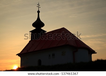 Chapel on Santon hill at sunrise. This small round hill was Napoleon\'s strategic point during The Battle of Battle of the Three Emperors in 1805.
