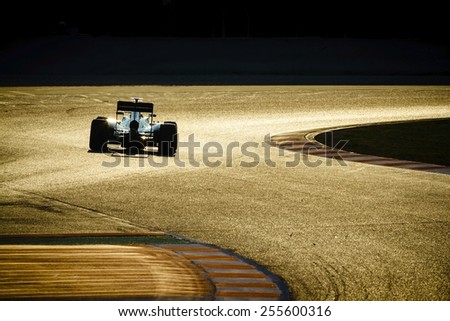 BARCELONA - FEBRUARY 20: Formula One car on race track at Formula One Test Days at Catalunya circuit on February 20, 2015 in Barcelona, Spain.