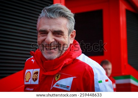 BARCELONA - FEBRUARY 28: Maurizio Arrivabene of Scuderia Ferrari F1 team at Formula One Test Days at Catalunya circuit on February 28, 2015 in Barcelona, Spain.