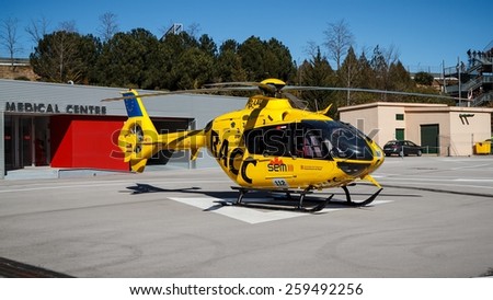 BARCELONA - FEBRUARY 22: Medical helicopter at Formula One Test Days at Catalunya circuit on February 22, 2015 in Barcelona, Spain.